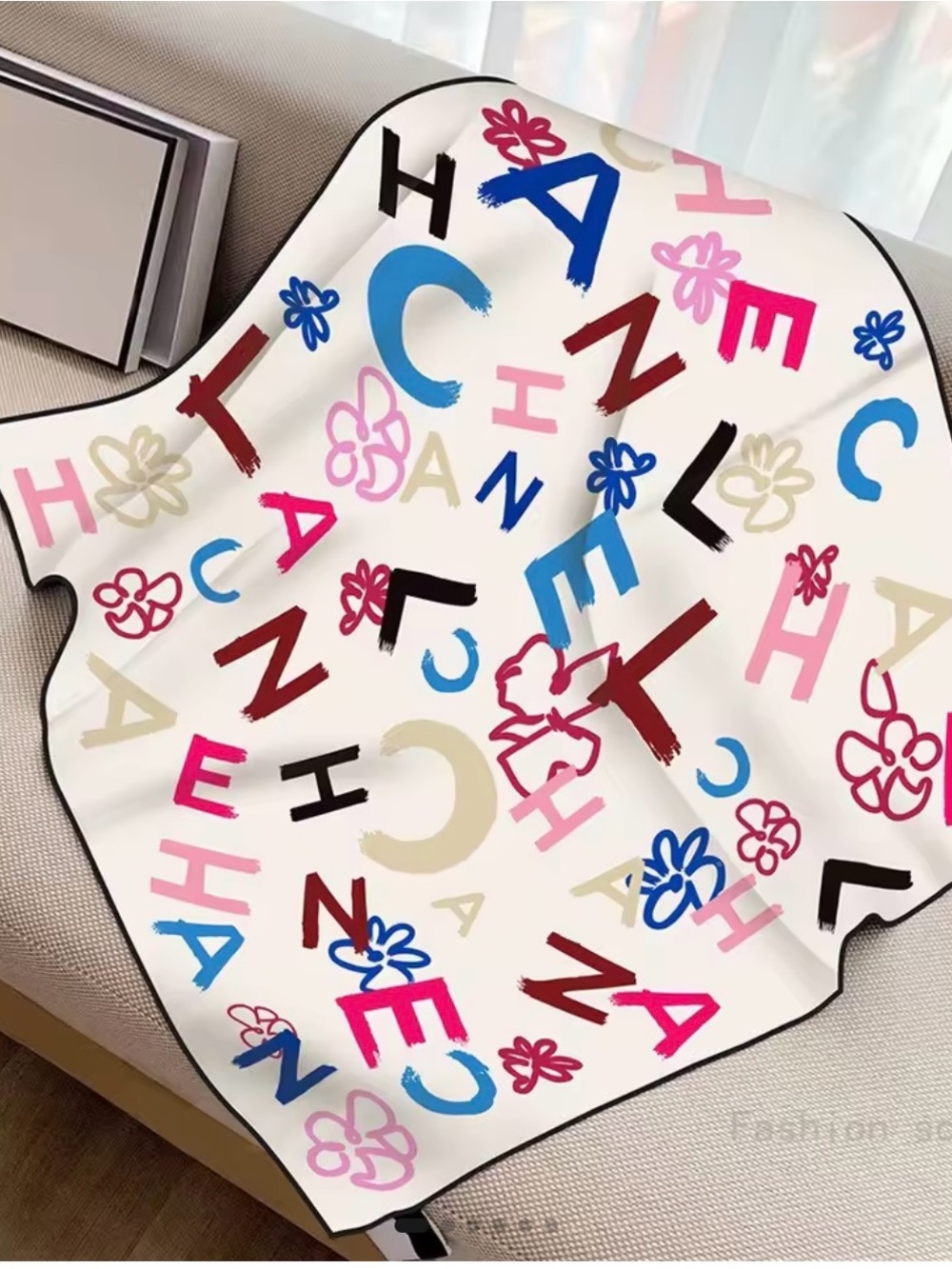 Designer-Inspired White Multicolor Logo Print silk scarf - Unbranded